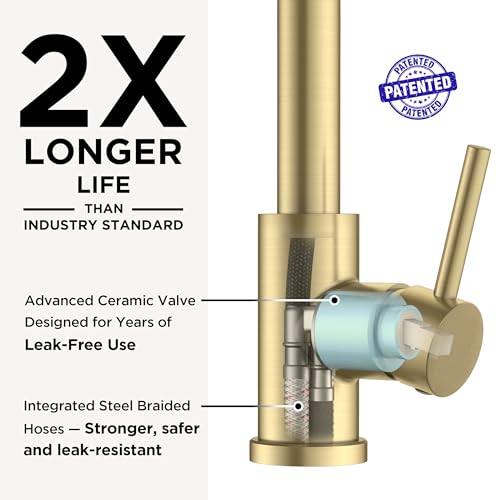 Image of FORIOUS Gold Kitchen Faucet with Pull Down Sprayer, Classic Single Hole Kitchen Sink Faucet with Deck Plate, Single Handle, High Arc Stainless Steel, Fit for RV Bar Farmhouse Laundry Outdoor