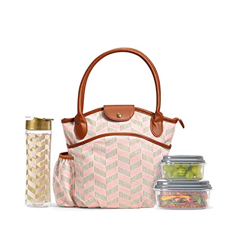 Fit & Fresh Insulated Lunch Bag Kit, includes BPA-Free Container Set, Sumter Pink Thin Stripe
