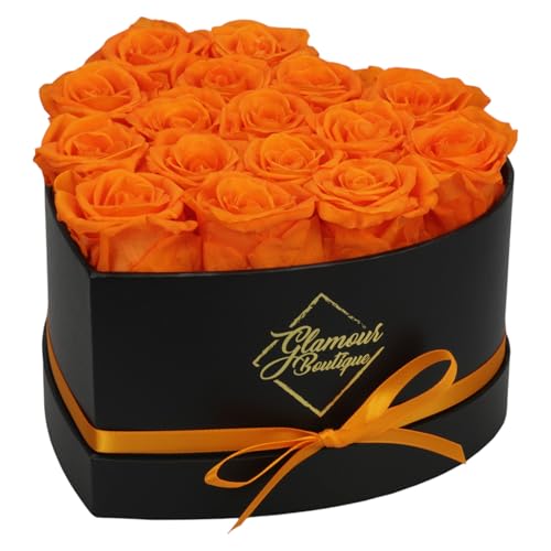 Image of GLAMOUR BOUTIQUE 16 Flower Forever Heart Shape Box, Mothers Day Gift For Mom, Eternal Preserved Roses Gift for Her, Flowers bouquet, For Birthday, Anniversary, Girlfriend - Orange (Color-Treated)