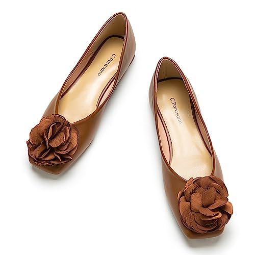 Image of C.Paravano Ballet Flats for Women | Women's Flats | Square Toe | Slip On Dress Shoes | Satin Flower Shoes