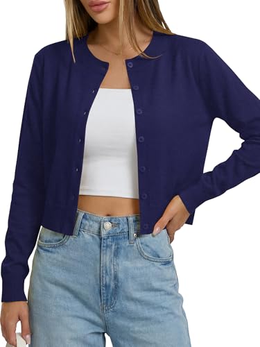 LaGracia Womens Cropped Cardigan Sweaters Button Down Sweater for Women Long Sleeve Open Front Cardigans Button Down Crop Sweater Lightweight Knit Spring Fall Y2k Outfits Trendy Navy S