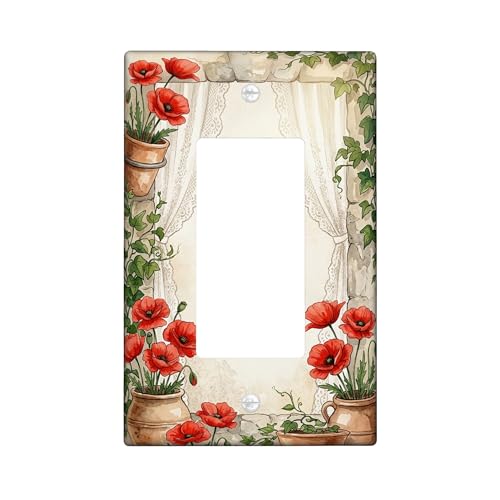 Housse d'interrupteur à bascule simple motif coquelicots - Rideaux vintage rustiques en plastique rouge - Taille standard - Plaques murales décoratives pour...