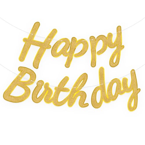 Image of Rozi Decoration Glitter Happy Birthday Banner for Party Decorations | Elegant Cursive Bunting | Reusable Hanging Background for All Ages | Golden Cursive Birthday Banner Sparkle Decor Pack of 1 Set