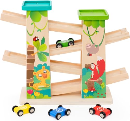 Wooden Race Track Car Ramp Racer for Baby Double Sided Garage Toys for 3 4 5 Year Old Boys Girls with 4 Mini Cars Montessori Gifts & Present for Toddler Christmas