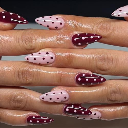 Lot de 24 faux ongles adhésifs de forme amande : jolis faux ongles à pois, longue tenue sans décollement, finition brillante, adhésifs à couverture...