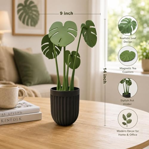 Image of SR Premium Monstera Leaf Coaster Set with Pot | Artificial Plants with Pot | Home decore | Multi-Purpose Heat Resistant Coasters & Table Trivets for Personal /Office /Home /Restaurant (2)