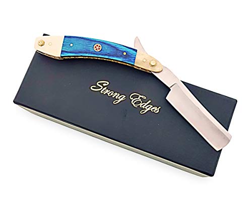 Strong Edges Hand Made D2 Steel Straight Razor Folding Razor With Shaving Ready Classic Barber Blade Edge, Men Straight Razor, Leather Case + Strop, Close Shave, Great Gift R-08