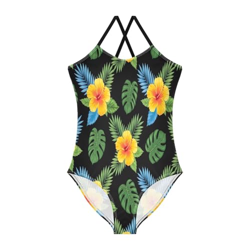 Tropical Leaves Hibiscus Flowers Swimming Suit for Girls, Summer Beach Swimsuit, 3-10