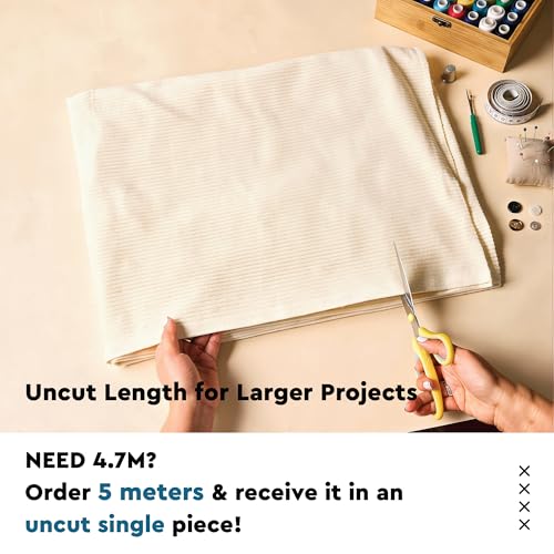 Image of Encasa XO Corduroy Fabric by the Meter, 59 inch Wide Premium 238 GSM Polyester Upholstery & Sewing Material, Soft Ribbed Off White Fabric for Sofa /Cushion Covers, Trousers, Curtains & DIY Crafts