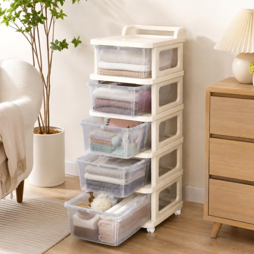 Image of Heavy Duty Plastic Storage Drawer with Wheels | Modular Cabinet for Bedroom, Office, Home or Classroom| Chest of Drawers Organiser for Cosmetics, Kitchen items, Toys (White Transparent, 5)
