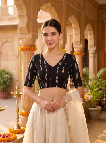 Image of Studio Shringaar Women Cotton Ikat Stretchable (Smocked) Readymade Elbow Length Sleeve Saree Blouse