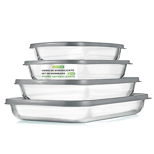 NutriChef fuentes refractarias rectangulares de cristal con tapa, Bandejas de horno apilables para lasaña y cazuela, Para microondas, Lavavajillas, Nevera y congelador, 8 piezas