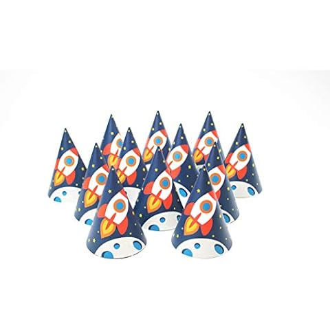 Trip to The Moon- Party Hats | 12 Pack | Birthday Hat | Space Party | Blast Off | Outer Space | Rocket, Stars, Planets, Astronaut Cover