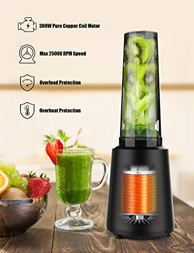 Homgeek Personal Mini Blender Smoothie Maker Single Serve To Go, Portable Small Milkshake Fruit Vegetable Drinks Ice Pro Mixer Juicer 300W with 1 Tritan Travel Sport Bottle 16oz, Press to Start