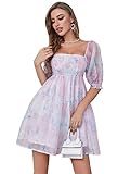 WDIRARA Women's Floral Print Square Neck Puff Short Sleeve High Rise Flare Organza Dress Multicolor M