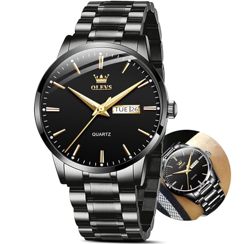 Men's Casual Stainless Steel Watch, Big Face Round Analog Quartz Watch with Day and Date, Classic Waterproof Simple Dial Dress Watch for Men, Gold Silver Black Band