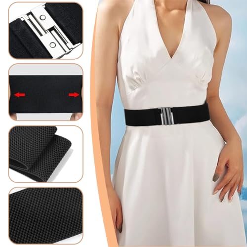 2 Pack Women's Stretch Waist Belts - Wide Adjustable Dress Belt (Black/White)2
