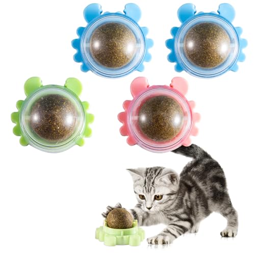 KLOMKMCL 4 Pack Catnip Balls Wall Mounted - Organic Edible Catnip Toy for Cats 360 Rotatable Interactive Chew Indoor Cat Toy