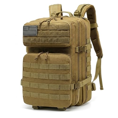 TAZEET Tactical Backpack 40L Military Backpack for Men Heavy Duty Military Style Travel Backpack with Multi Compartments Water-Resistant Large Capacity Daypack for Hiking (Khaki Beige)