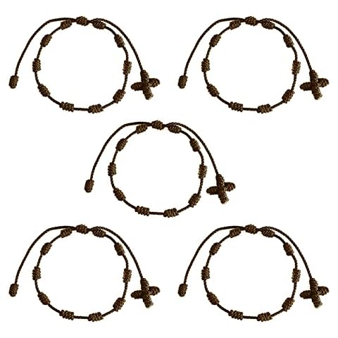 HJYZY 10 pcs Pulsera Decenario Knotted with Woven Cross Adjustable Rosary Cross Bracelet - Multiple Colour Suitable for men and women (Brown) Cover