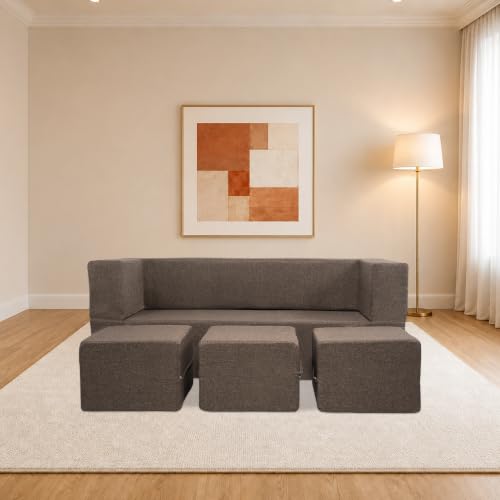 Seventh Heaven FlippyX 72x60x14 inch Jute Fabric with 3 Puffy 3 Seater Double Foam Fold Out Sofa Bed (Finish Color - Brown Delivery Condition - Pre-Assembled)