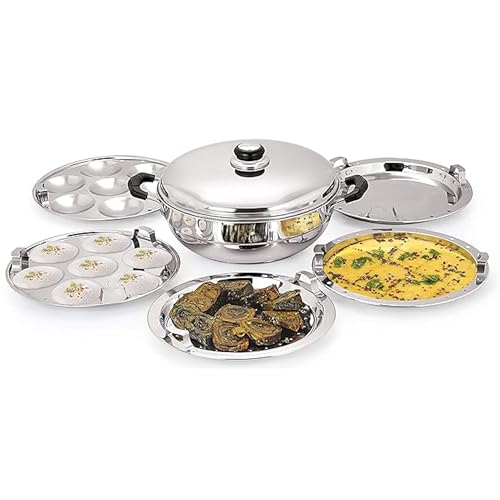 Image of MITHALI Stainless Steel Idly Cooker Multi Kadai Idli And Dhokla Steamer & Idli Cooker With 5 Plates |2 Idli|2 Dhokla|1 Momos/Paatra/Steamer |Multi Utility Kadai Cookware Set,5 Litre
