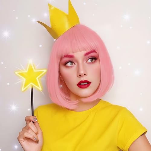 Image of Rose bud Pink Wig Bob Straight 12 Inch Short Hair Cosplay Wigs for Women Costume Party Halloween