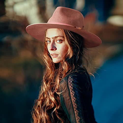 Ruediger Wide Brim Fedora Hats For Men Women 100% Wool Felt Panama Rancher Hat With Lightning Logo Distressed/Burned Handmade Pink #TOP5