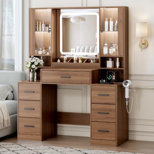 Image of BORNOON Vanity Desk with Mirror and Lights, Makeup Vanity with 7 Drawers, 2 Glass Door Cabinets, Charging Station, Adjustable Shelves, RGB Lighting, Holder
