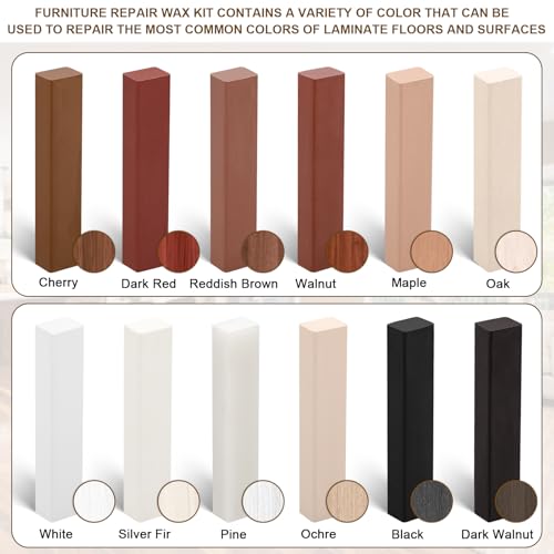 Hartwachs Reparaturset, 12 Stück Laminat Wachs PVC Vinyl Möbel Parkett Holzwachs für Fliesen/Parkett/Laminat/Vinyl, Möbelreparatur Wachs Set Wachskitt zum Kratzer Schäden Loch Ausbessern Arbeitsplatte