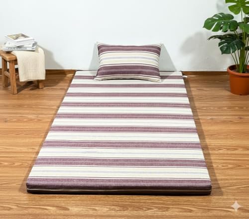 Image of Foldable Mattress Queen Bed Size 5 x 6 Feet | Soft Foam Folding Floor Sleeping Mattress with 1 Filled Pillow for Travel, Camping, Home, Yoga Hostel Guest Room PG Use | Maroon White Stripped