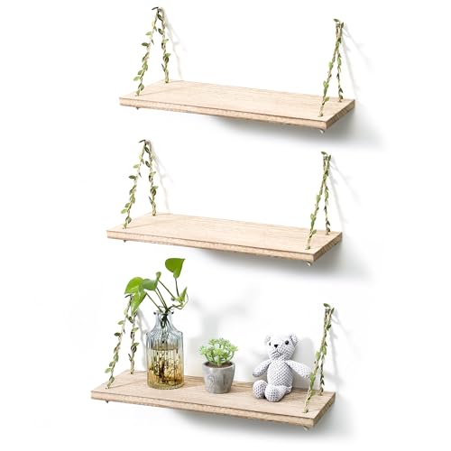 Image of MITIME Leaf Rope Hanging Floating Shelves, Wall Swing Storage Shelf for Home Decor.17, 3-Pack (Light Color)
