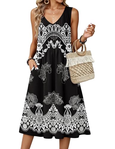 Image of Zeagoo Women Summer Casual Dresses 2026 Sleeveless Midi Pleated Tank Sundress with Pockets V Neck A Line Swing Tshirt Dress