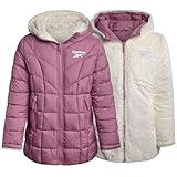 Reebok Girls Puffer Jacket - Reversible Hooded Fur Winter Coat - Wind and Water Resistant Insulated Quilted Jacket for Girls, Size 7-8, Orchid Pink