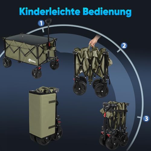 Sekey XXL Plus Bollerwagen Faltbar mit Bremsen 200L 200KG Belastbar, Extra Breite Reifen All Terrain Bollerwagen, Patentiert Zusammenfaltbar aus Vier Richtungen, XXL-PlusB 4011, Grün