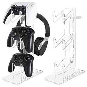 FYY Game Controller Holder 3 Tiers – Universal Dual Controller Stand Headphone Holder, Acrylic Clear Controller Display Stand Compatible with Nintendo Switch Xbox PS5 PS4, Desk Mounts for Controller