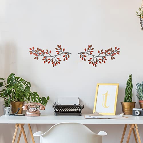 Image of Hotop 2 Pieces Metal Tree Leaf Wall Decor Vine Olive Branch Leaf Wall Art Wrought Iron Scroll Sculptures Above the Bed, Living Room, Outdoor Decoration(Classic Style,Rusty Color)