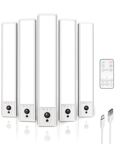 EZVALO 5-Pack Under Cabinet Lighting, 2400mAh Motion Sensor Light, LED Closet Lights Wireless, 6500K Dimmable, Timer, Magnetic, with Remote Control for Kitchen, Closet, Stair