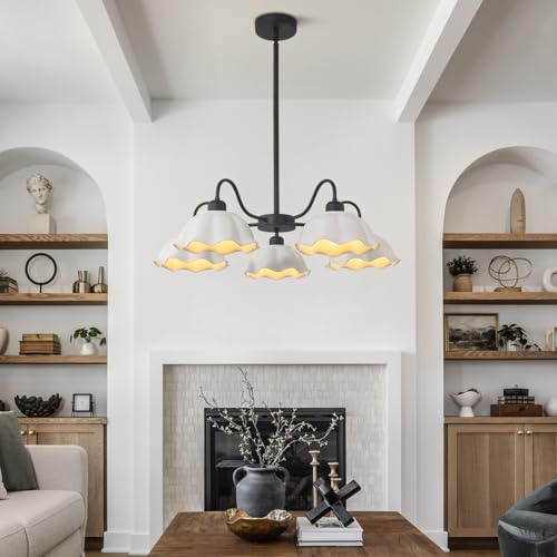 Image of Black Vintage Chandelier Fixture 5-Light Semi Flush Mount Ceiling Light Mid Century Ceramic Sputnik Chandelier Contemporary Pendant Light for Living Room Bedroom