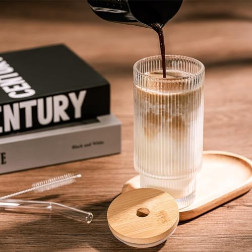 Image of 330ML Ribbed Glass Cup with Wooden Lid & Glass Straws Vintage Fluted Glassware Iced Coffee Cup, Coffee Bar Accessories for Whiskey Cocktail Beer Coffee Tea Tumbler 1Pcs
