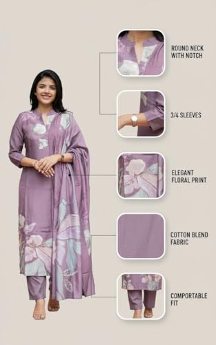 Image of Sun Fashion And Lifestyle Kurta Sets for Woman | Kurti Set |Women's 3 Piece Kurta Pant Dupatta Set |Cotton Blend Kurta Woman |Elegant Suit for Women |Dupatta