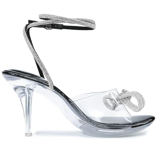NBUUNBU Clear Heels With Rhinestone Bow Strappy Sandals For Women Ankle Strap Butterfly Transparent Platform High Heel Sexy Slingback Kitten Stiletto Comfortable Wedding Shoes Pump Mules2