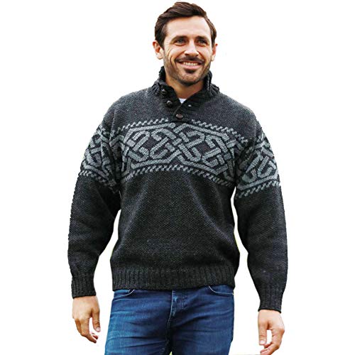 Irish Wool Sweater for Men, Celtic Knot, Button Collar, Made in Ireland