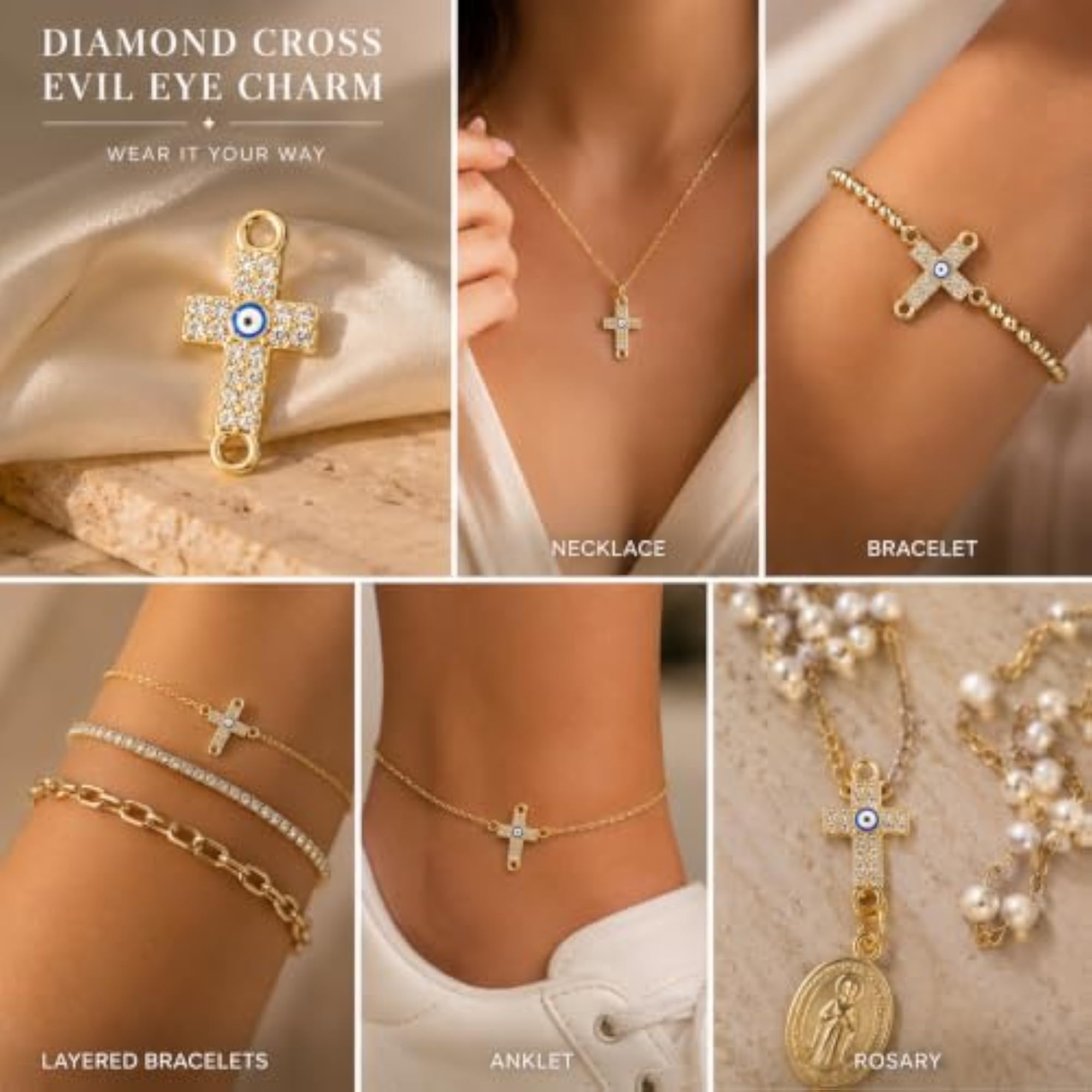 Evil Eye Jesus Cross Charm for Jewellery Making, Gold Plated