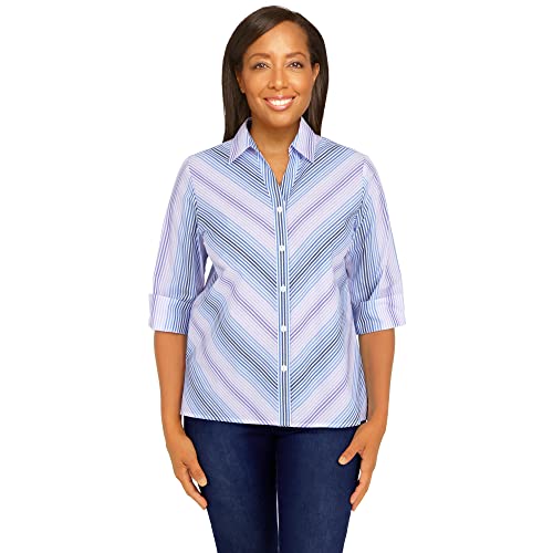 Alfred Dunner Women's Petite Mitered Stripe Button Down Top Size Pxl Blue #TOP14