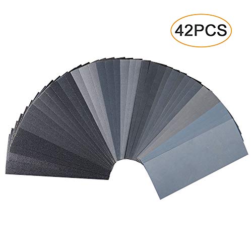 42 PCS Wet Dry Sandpaper 120 to 3000 Assorted Grit Sand paper, 9