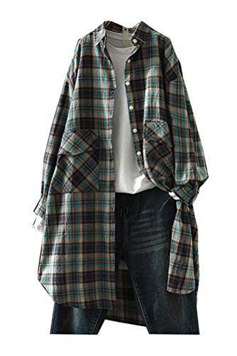 Minibee Women's Long Sleeve Shirt Plaid Cotton Linen Blouse Collar Button Down Tunic Tops (Green, L)