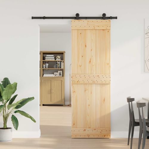 Image of LoogCape Narvik Sliding Door Made of Solid Pine Wood Natural and Black, 70 x 210 cm, Includes Rail 152.5 cm, for Living Room, Bedroom and Hallway, Room Divider