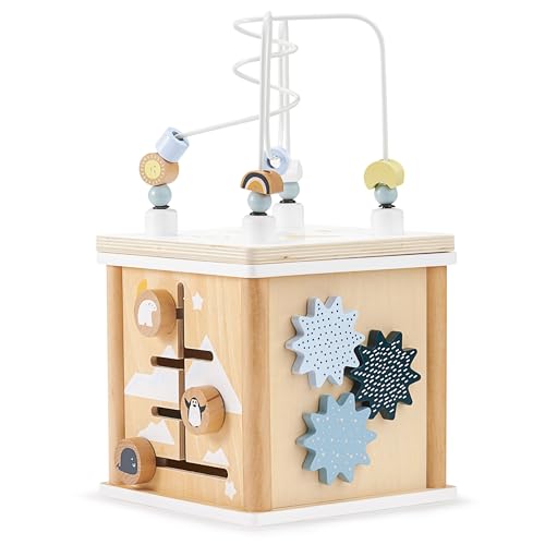 mamabrum Cubo Actividades Educativo - Juguete Madera para Bebés y Niños 1 Año - con Formas Geométricas, Laberinto y Cuentas - Material No Tóxico Colores Suaves - 36,5 cm