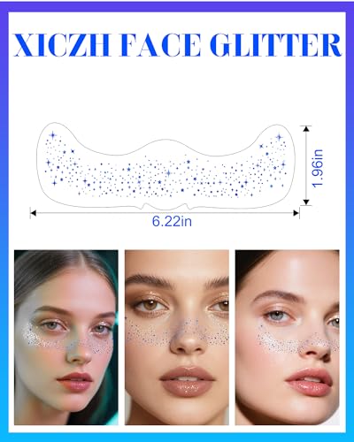 Image of XICZH Face Glitter, Temporary Face Tattoos, Face Body Glitter Makeup Patches for Women Girls, Country Concerts Singer Festival Rave Accessories (Blue)